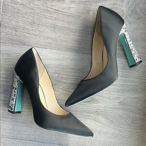 Betsey Johnson Black Satin / Silver Rhinestone “Corie” Heels Size 7